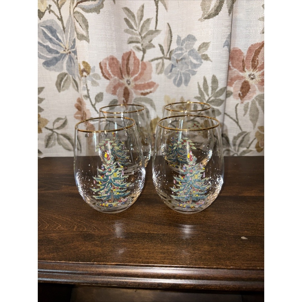 8 Spode Christmas Tree Stemless Wine/Cocktail Glass Holiday Gold Trim
